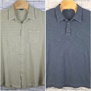 Lot of 2 Mododoc Mens Blue Beige Jersey Knit Shirt Button Up Short Sleeve Sz 2XL